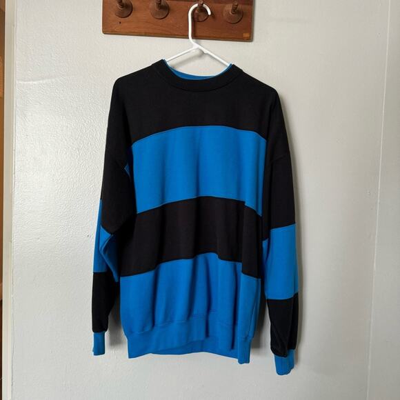 80s vintage striped crewneck baggy oversize black blue sweatshirt Cheetah 50/50 - Picture 1 of 3